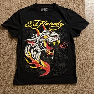 Ed Hardy Black Tee with Yellow & Red Tiger Graphic